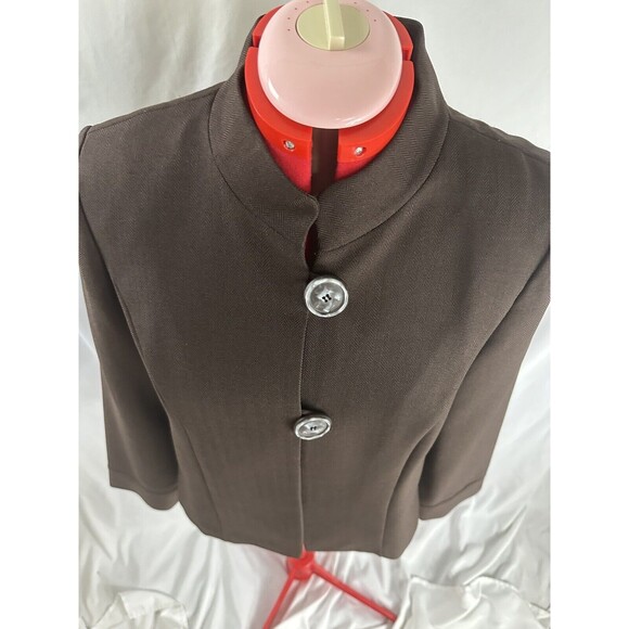 PERCEPTIONS PETITE Size 8 8P Brown 2 Button Blazer Shoulder Pads Long Sleeve - Picture 2 of 11